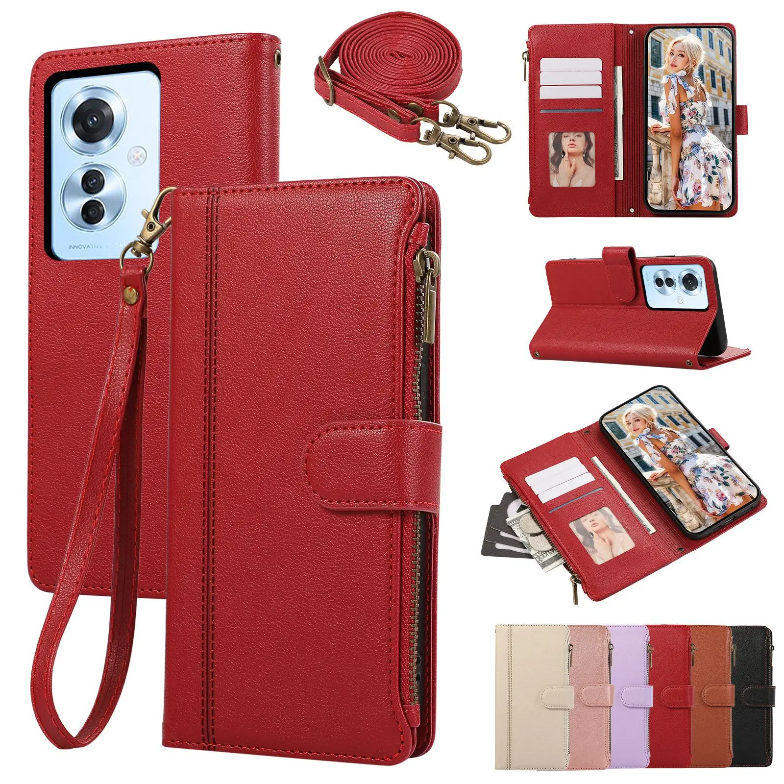 

Lanyard Plain Leather Zipper Pocket Cases For OPPO Find X8 Pro X6 X5 Lite Crossbody 4 Cards Slot Wallet Phone Cover Funda