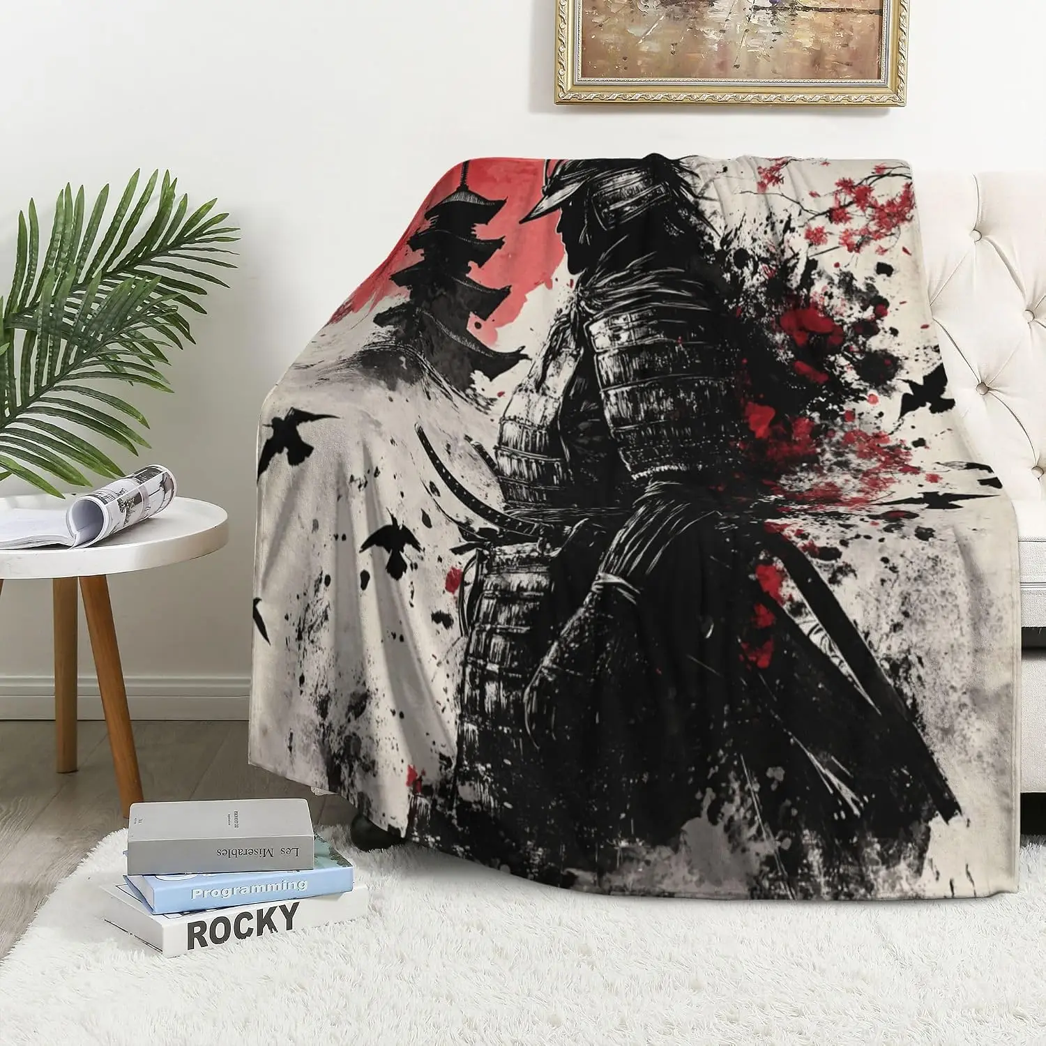 Splatter Ink Asian Samurai Tower Cherry Blossom Black Crow Retro Throw Blanket Soft Travel Fashion Warm Household Present
