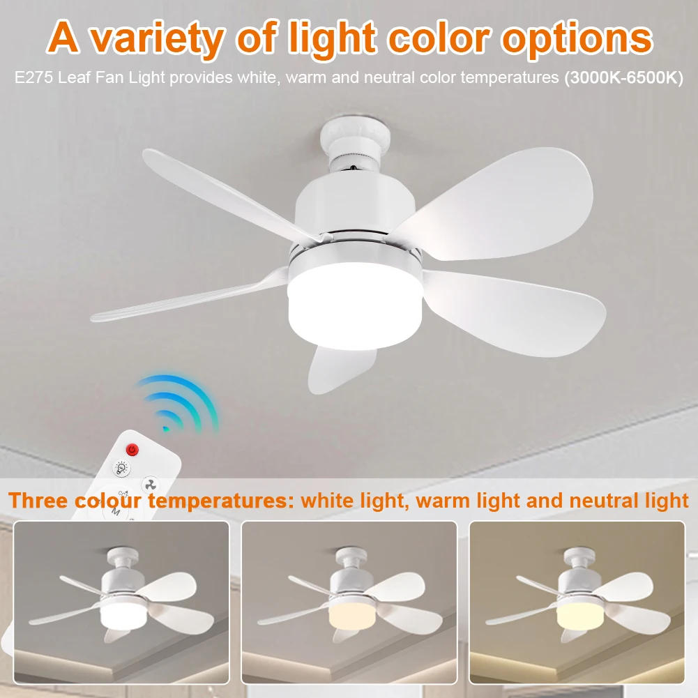 Home LED Ceiling Fan Light E26 E27 Base 3-colour Adjustable Wireless Remote Control 42/52CM Ceiling Fan Lamp for Bedroom Living