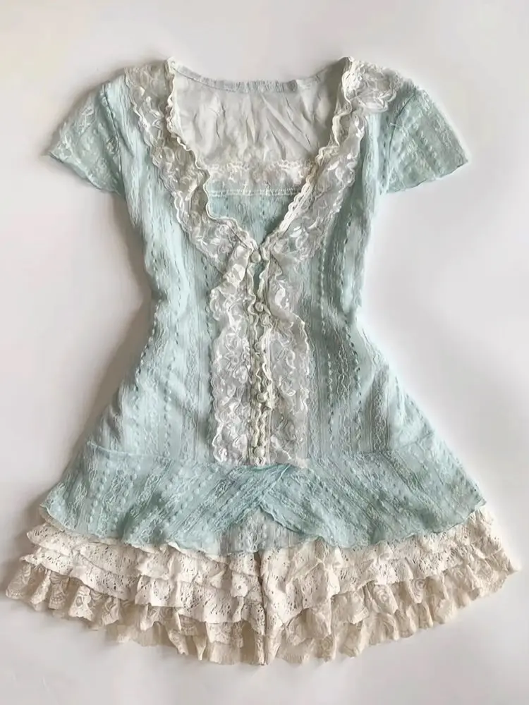 Y2k – ensemble 2 pièces Vintage en dentelle douce pour femmes, robes gothiques à plusieurs niveaux, coupe cintrée, Punk, robe courte, col en v, t-shirts d'été Sexy, robe basique