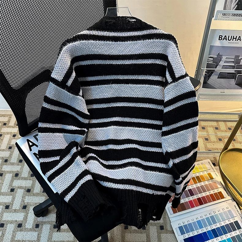 

Autumn Winter American Retro Striped Destroyed Knitwear Loose Casual ex Open Cardigan Sweater Trendy Couple's Sweater