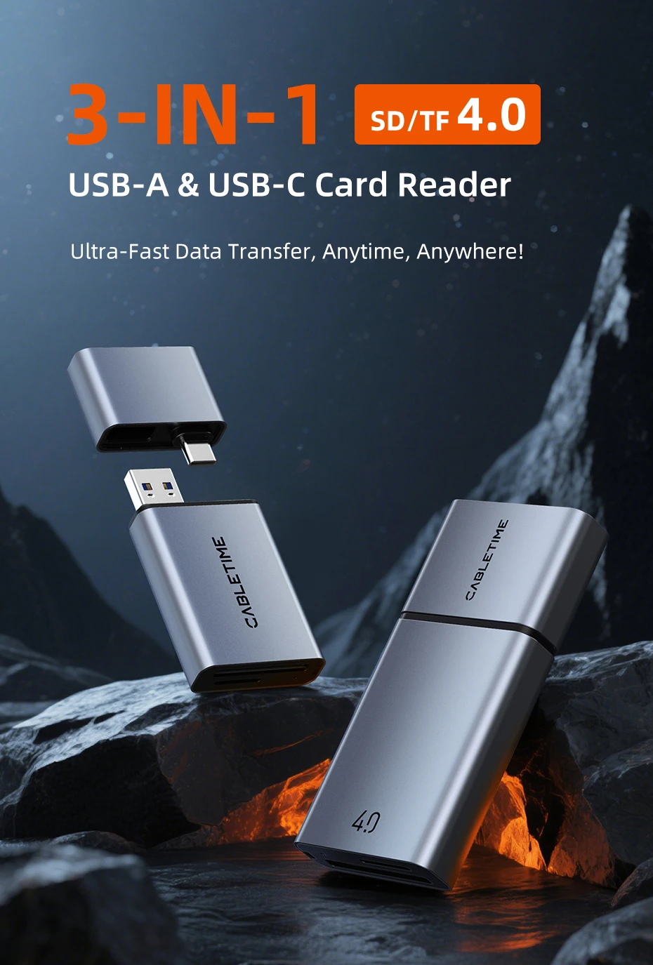 CABLETIME SD4.0 Kartenleser 3 IN 1 312 MB/s 5 Gbit/s USB A & USB C auf SD/TF Speicherkartenadapter für Laptop, Telefon, MacBook – Detail 1