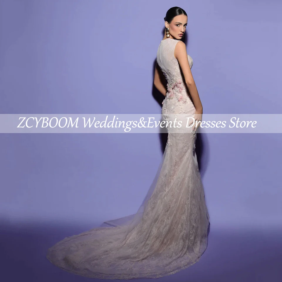 Encantador vestido de noche sin mangas de encaje con flores y cuello redondo, vestido de fiesta con cremallera hecho a medida hasta el suelo de sirena 2025