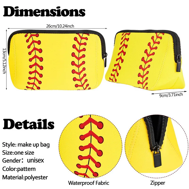 Tas kosmetik wanita, 10 buah tas Makeup wanita Neoprene kuning Softball kapasitas besar Solid