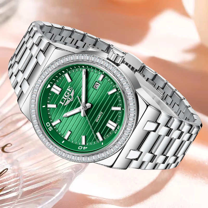 LIGE Elegant Women Watch Green Dial Crystal Bezel Quartz Bracelet Wristwatch Fashion Ladies Waterproof Watches Relogio Feminino
