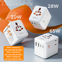 TESSAN GaN Universal Travel Adapter with USB Ports 65W 28W 20W International Plug Adapter Compact Worldwide Adapter for Travel