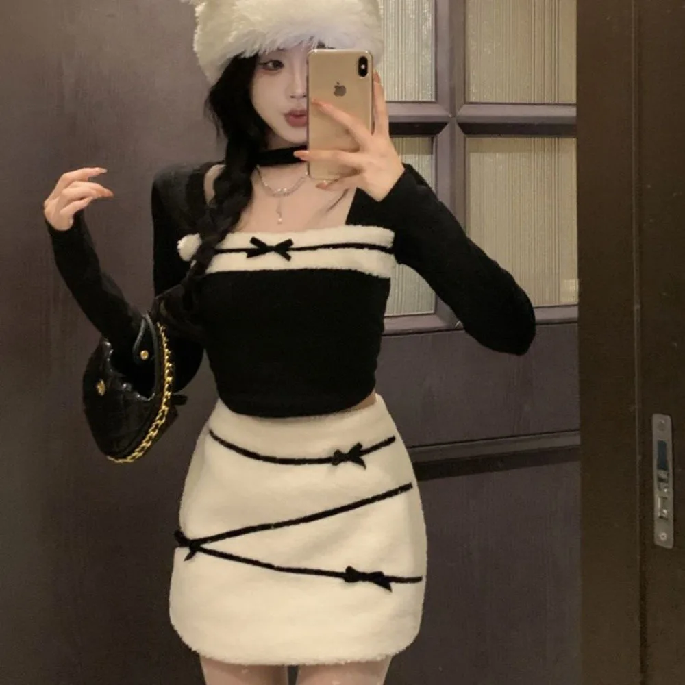 

Korean Fashion Y2k Sweater Skirt Suit Winter Vintage Knitted Two Piece Set Women Patchwork Pullover Sweaters + Mini Skirt Female