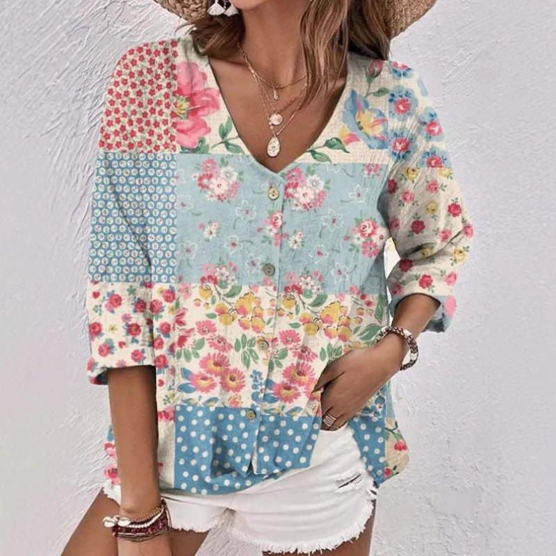 

316716European and American Women's Fashion New Oil Painting Print Short SleeveVButton Collar Pullover Plus SizeTTops Hot Sale