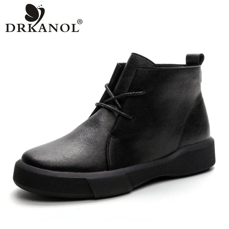 DRKANOL Big Size 35-43 Winter Women Boots Thick Plush Warm Shoes British Style Retro Flat Heel Split Leather Cotton Ankle Boots