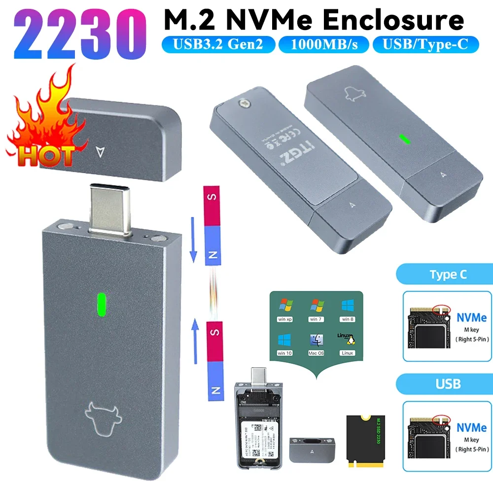 M.2 NVMe 2230 Portable SSD Box M.2 M Key Solid State Drive Case USB3.2 Gen2 External Hard Disk Box USB Type-C for M2 2230 SSD