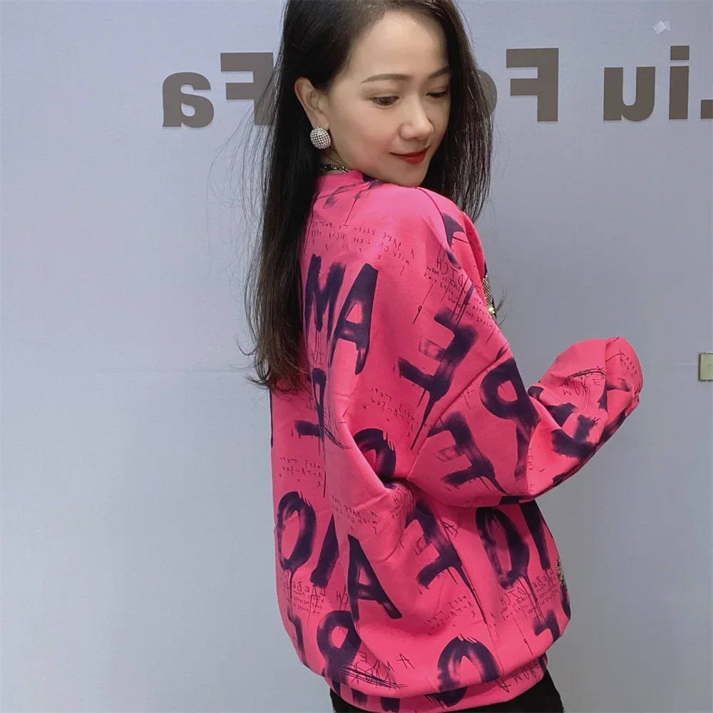 Oversized Letter Tie-dyed Hoodies Women Pullovers Autumn Sweater Fashion Cartoon Diamonds Loose Casual Sweatshirts Jumper Tops