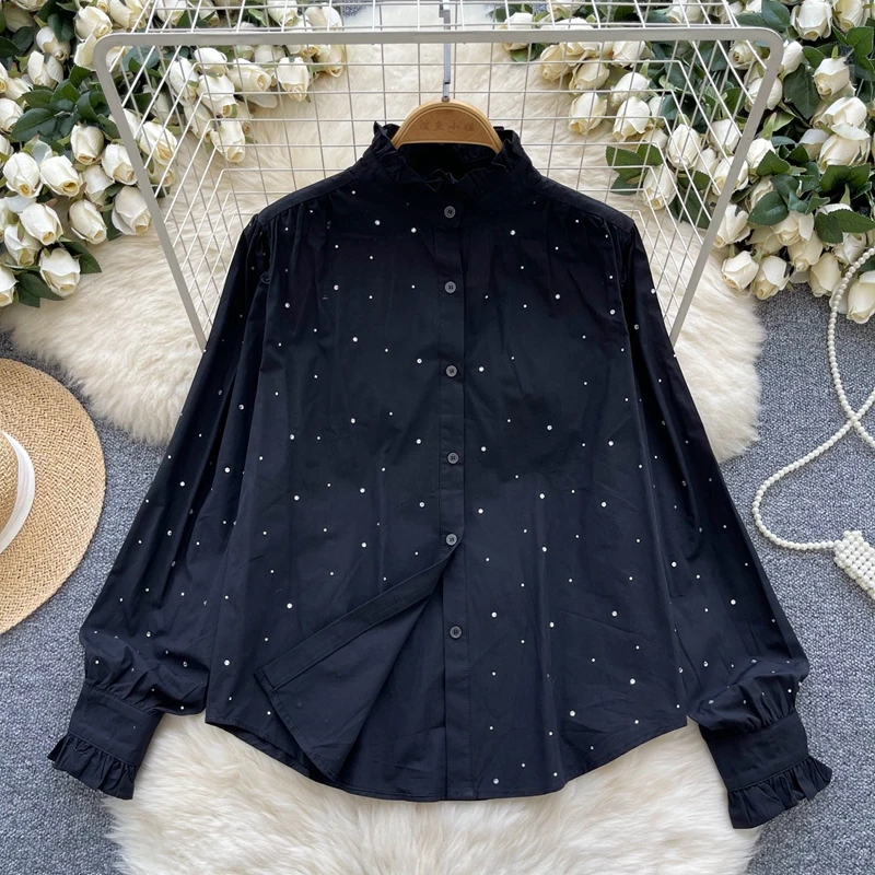 Women's Blouse Autumn Top 2024 New Half High Collar Rhinestone Single Breasted Long Sleeve Shirt