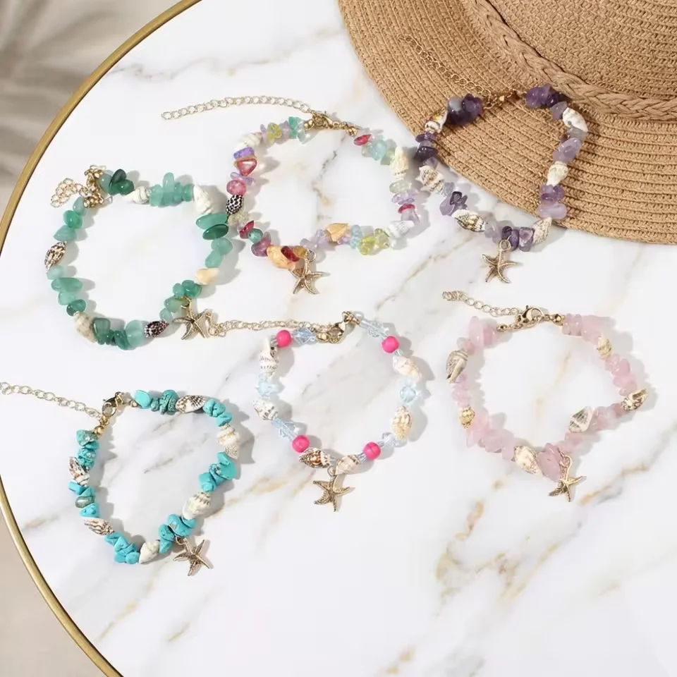 Summer Ocean Style Beaded Bracelet Irregular Chip Stone Conch Starfish Pendant Adjustable Boho Beach Jewelry for Women