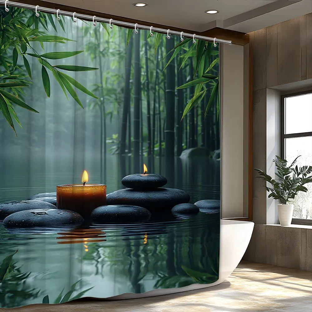 Soothing Bamboo Forest Shower Curtain for a Zen Bathroom, Featuring Tranquil Water, Stones, and Candles. This Serene 1