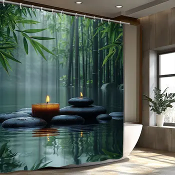 Soothing Bamboo Forest Shower Curtain for a Zen Bathroom, Featuring Tranquil Water, Stones, and Candles. This Serene 1