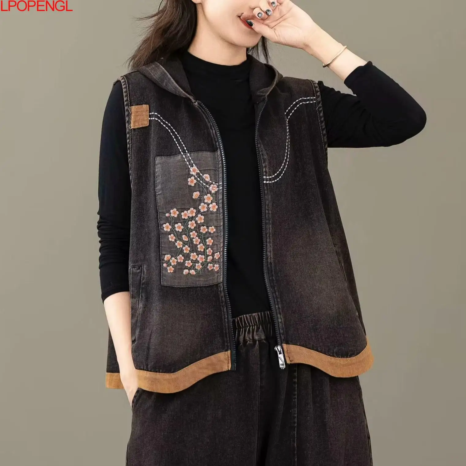 New Ethnic Style Woman Autumn Hooded Embroidery Loose Casual Sleeveless Denim Vest Literary Fashion Cardigan Zipper Outerwear