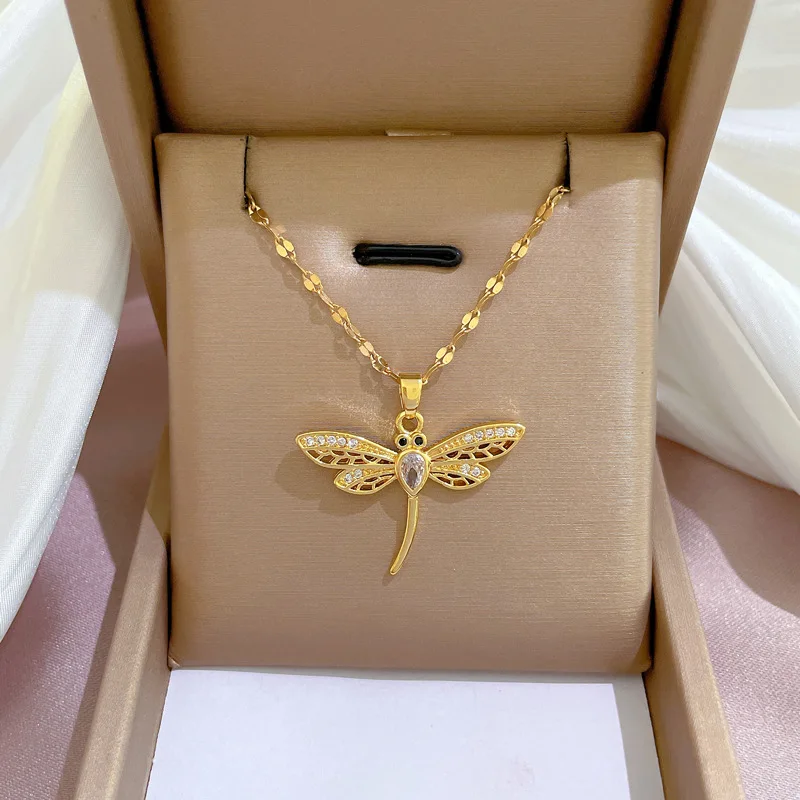 Women's Exquisite Dragonfly Necklace in Stainless Steel Anti Allergy Trendy Korean Style Jewelry Accessory Gift