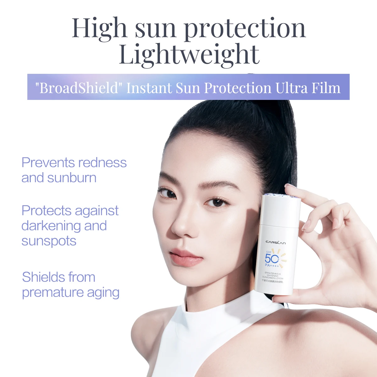 CARSLAN Brightening Whitening Sunscreen Lotion Lightweight Non-sticky Waterproof Facial Sunscreen SPF 50+ PA+++ Primer Makeup