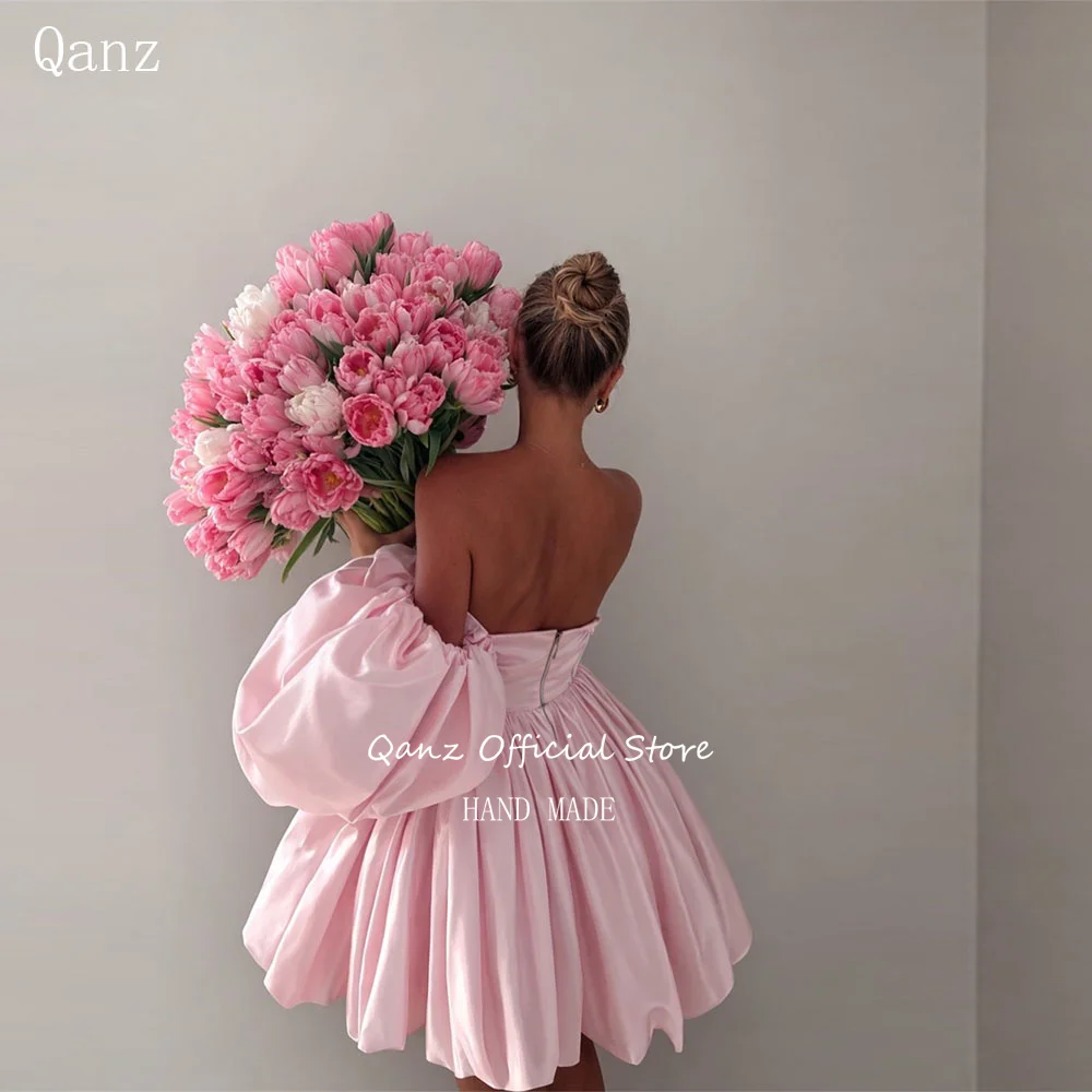 Vestido de Fiesta Qanz Rosa Satinado, Vestidos de Fiesta Elegantes, Vestido Corto de Noche para Mujer, Mangas Abullonadas Voluminosas, Vestido de Fiesta Personalizado