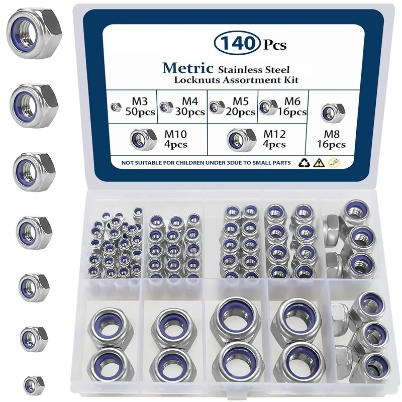 140Pcs M3-M12 Stainless Steel Lock Nuts, Metric Nylon Insert Hex Nylock Nuts, A2-70 SS Self-Locking Nuts for Bolts & Machinery