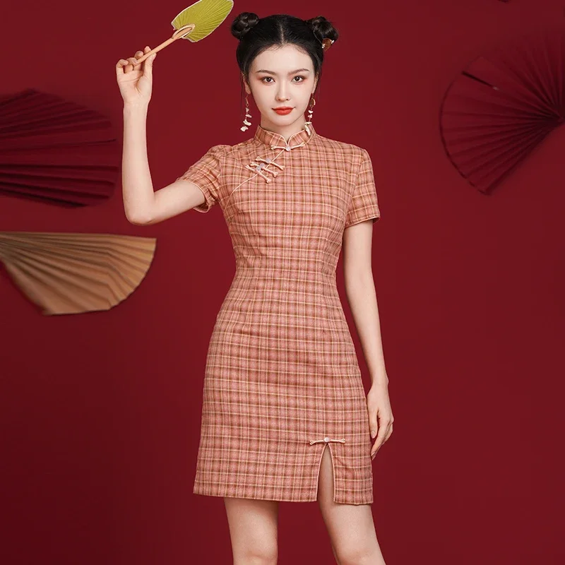 

Short Sleeves Cheongsam Chinese New Year 2025 Vintage Pink Plaid Qipao Wedding Party Dress 2025 Summer Women's tops