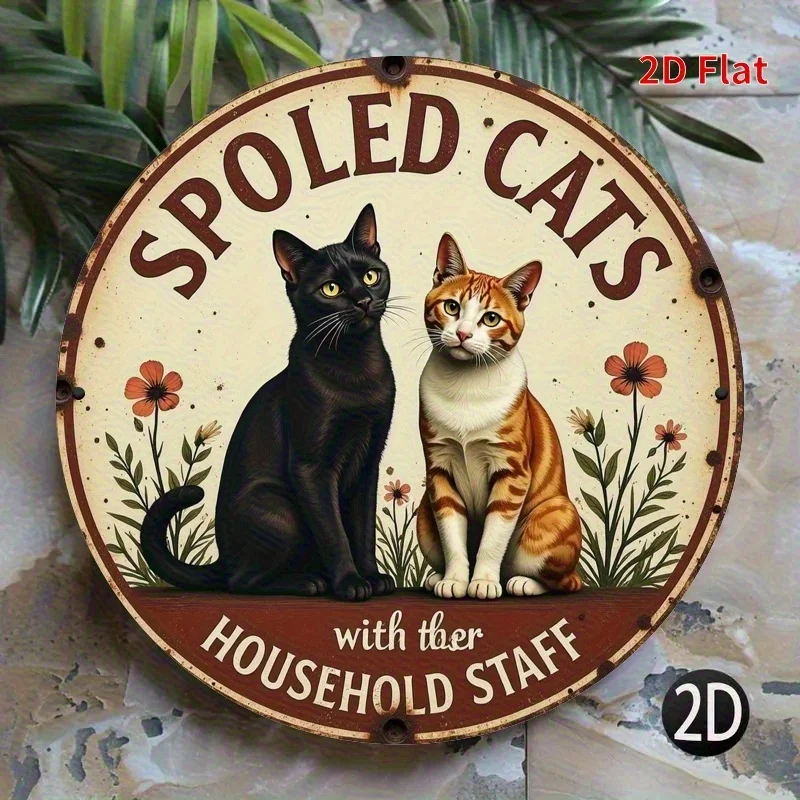 Schwarz-Orange Tabby-Katzen-Metallschild 7,87 Zoll – Verwöhnte Katze Wandkunst mit Blumen- & Familienzitat, Langlebiges Geschenk für Zuhause & Küche