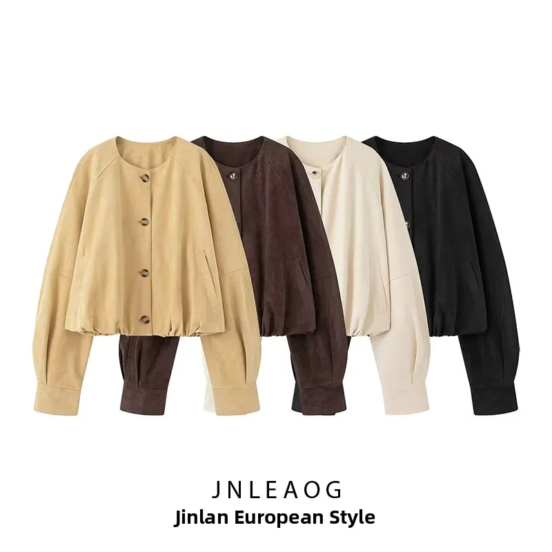 Capispalla Jaet in pura pelle Faionable per donna Autunno New Sle JNLEAOG 3322043 Tessuto in poliestere Lungo Sve rotondo Ne