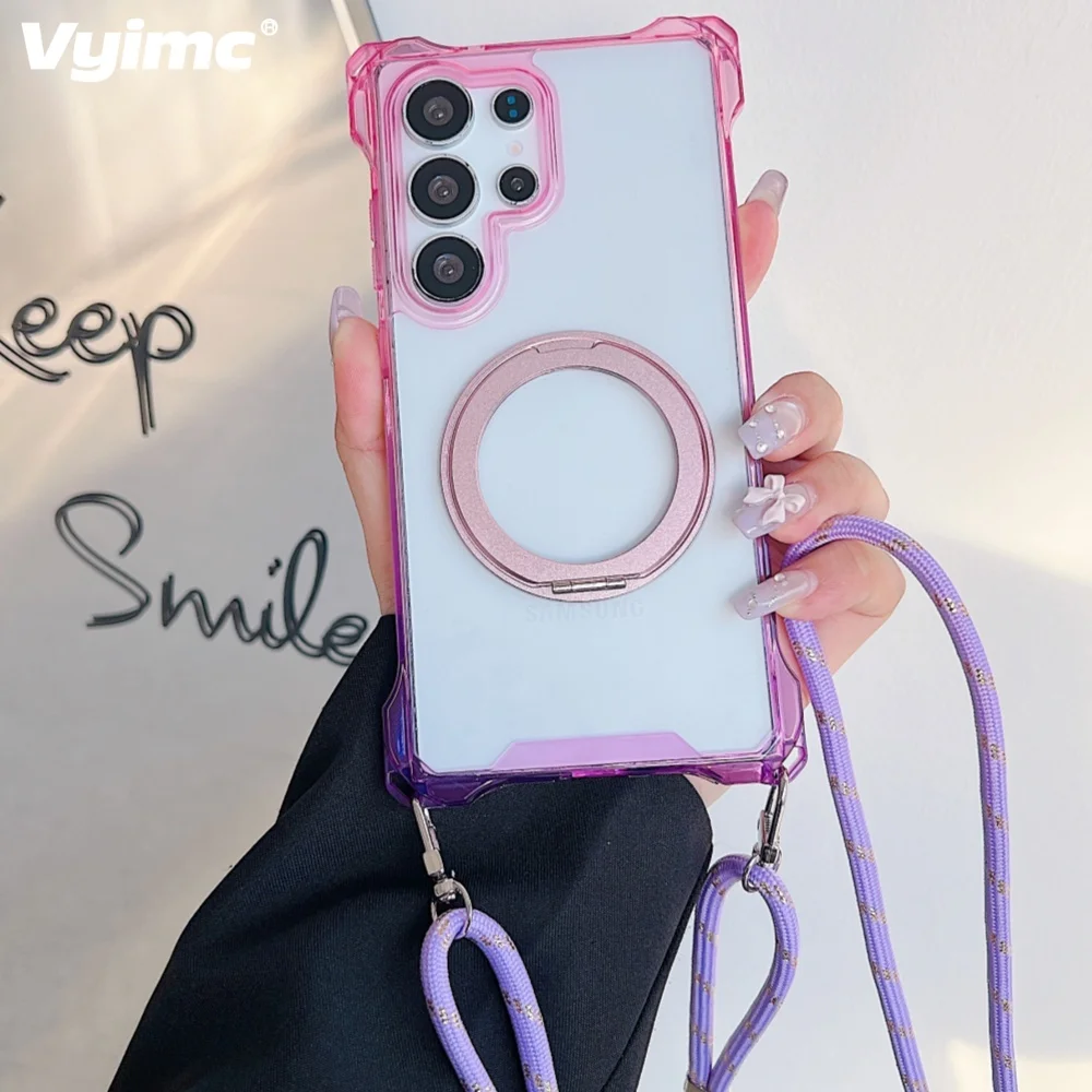 

New Gradient Magnetic Stand Transparent Phone Case for Samsung Galaxy S25 S24 S23 S22 Ultra Plus Crossbody Strap Lanyard Cover
