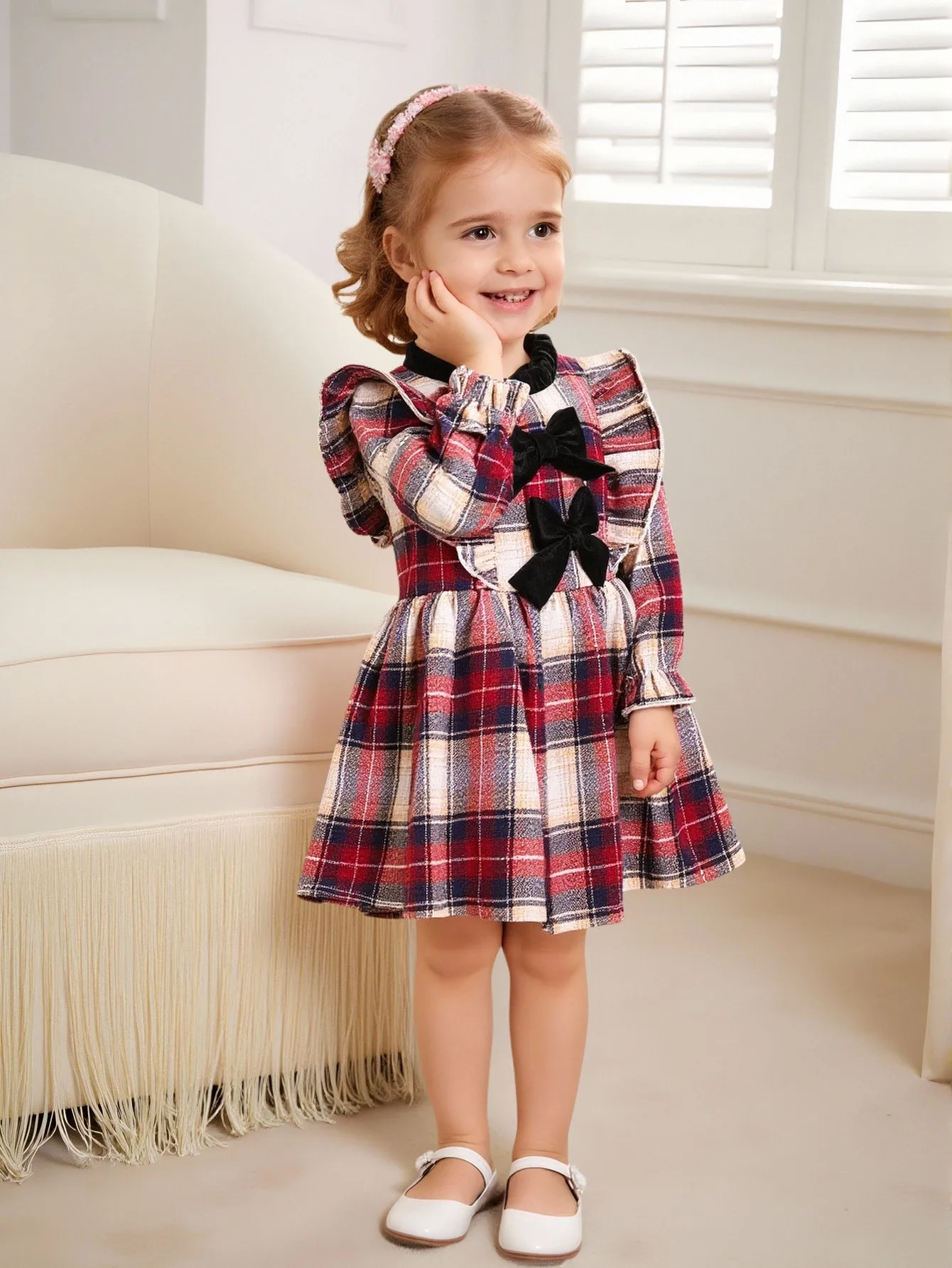 Fashion Plaid Patchwork Lace Collar Bow Tie Back Invisible Zipper Long Sleeve Dress for Baby Girl (Including Hat) Autumn