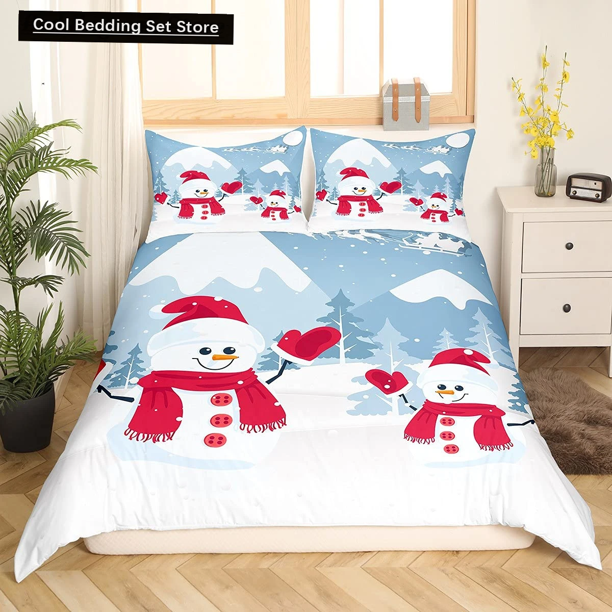 

Christmas Snowman King Queen Duvet Cover Kids Cartoon Quilt Cover White Winter Snowflake Bedding Set Polyester Comforter Cover