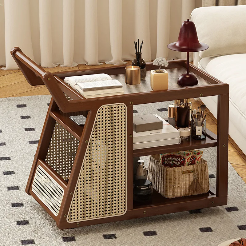 Movable side table coffee table small apartment living room balcony trolley multi-functional shelf rattan creative small