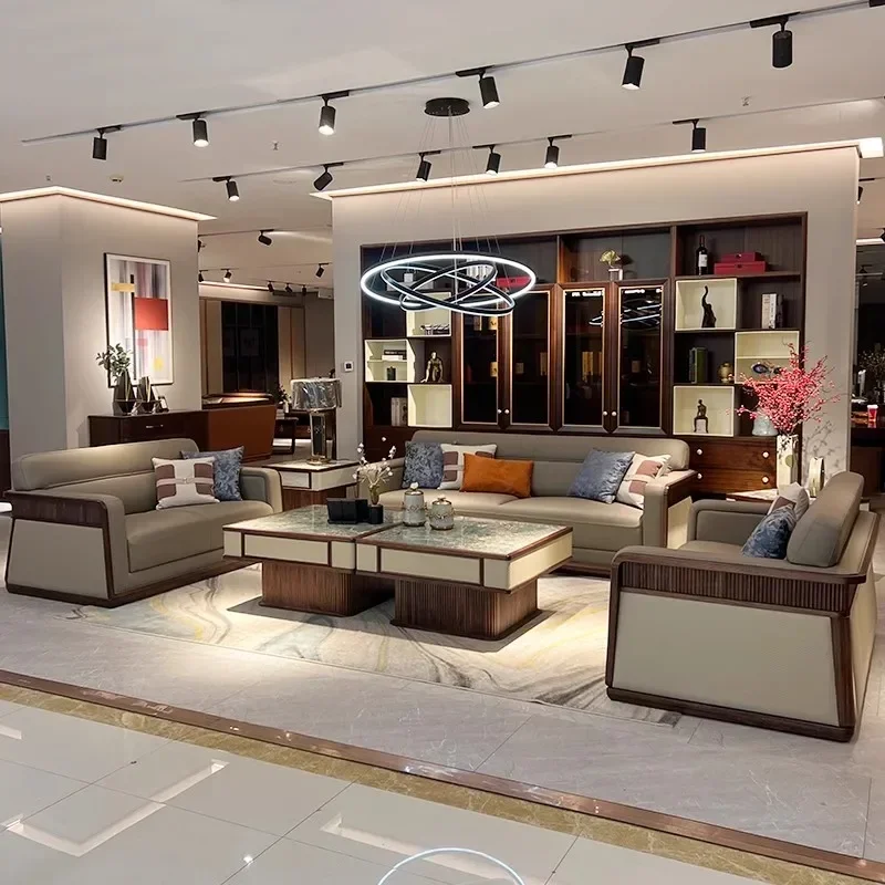 

New Chinese-style North American black walnut sofa, modern living room, ebony solid wood leather sofa