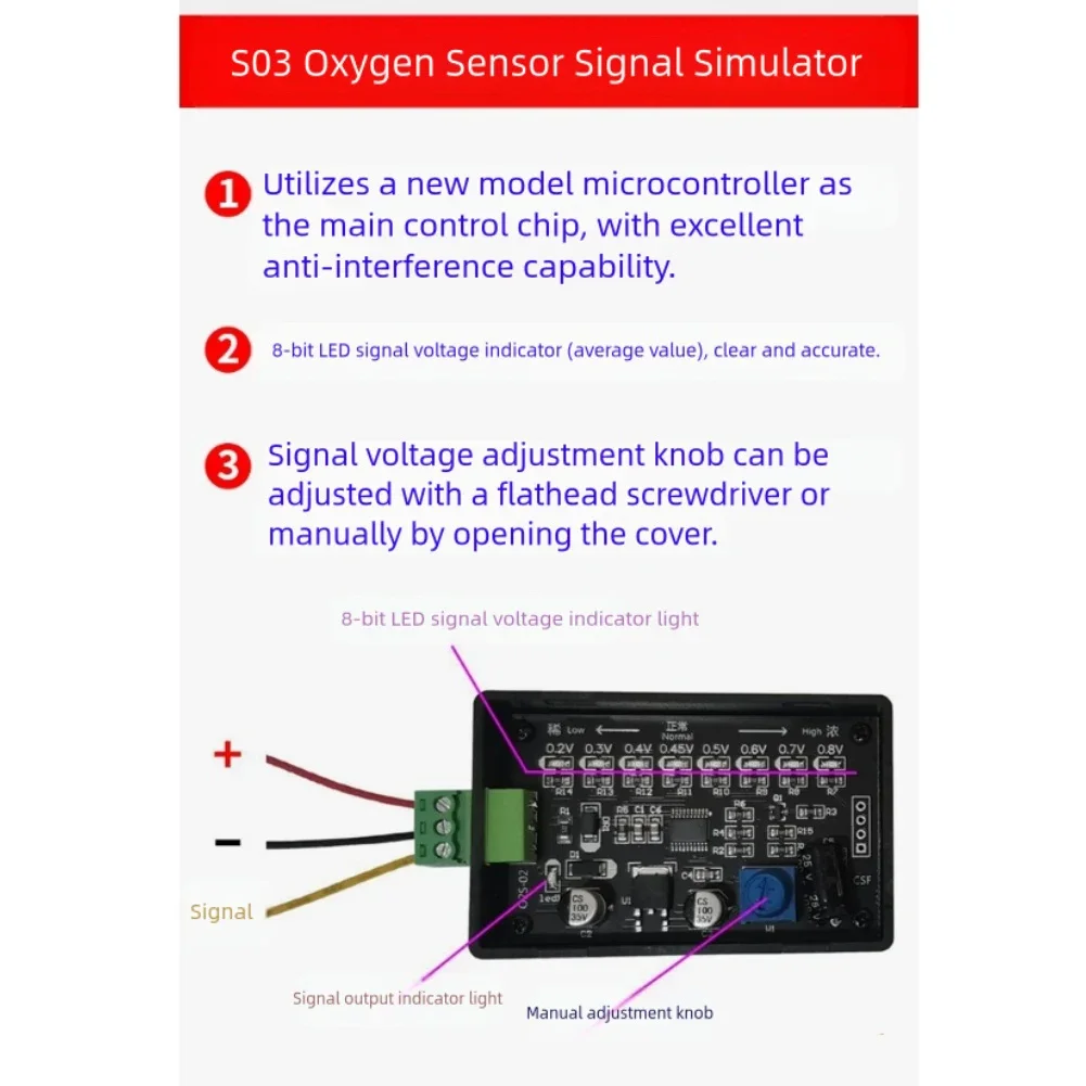 

Adjustable oxygen sensor signal simulator S03 for four wire oxygen sensors with clear LED voltage indicator display