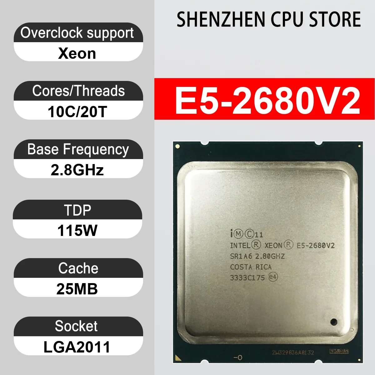Intel Xeon E5-2680V2 10 Core 20 Thread 2.8GHz 115W 25MB Cache 22nm LGA 2011 SR1L4  DDR3-1866 Mhz Ivy Bridge-EP