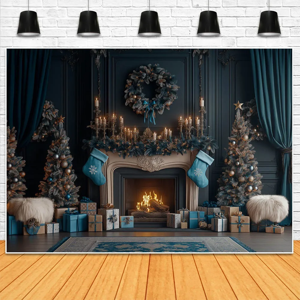 Mocsicka Christmas Family Portrait Photo Background Vintage Blue Wall Curtain Fireplace Xmas Tree Gifts Backdrop for Photography