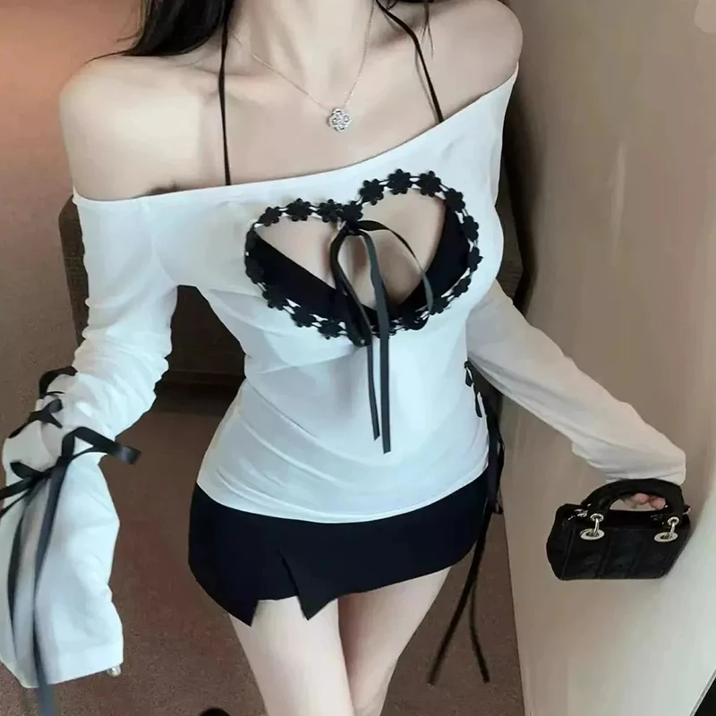 

Korean Sexy Off Shoulder Lace Tee White Long Sleeve Slim Heart T Shirt Hollow Out Harajuku Y2K Street Hot Edgy Blouse