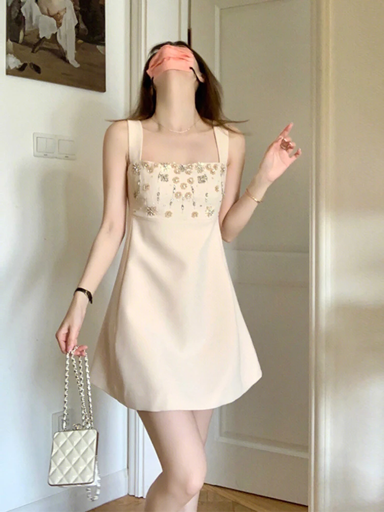 Sexy New 2023 Spring Summer Mini Dress Slash Neck Beads Sleeveless A Line Elegant Party Dress Fashion Slim Suspender Tank Dress