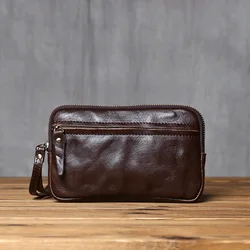 Vintage Genuine Leather Wallet for Men and Women, Head Layer Cowhide, Leisure Mobile Phone Bag, Bank Card Zipper, Wrist Wrap