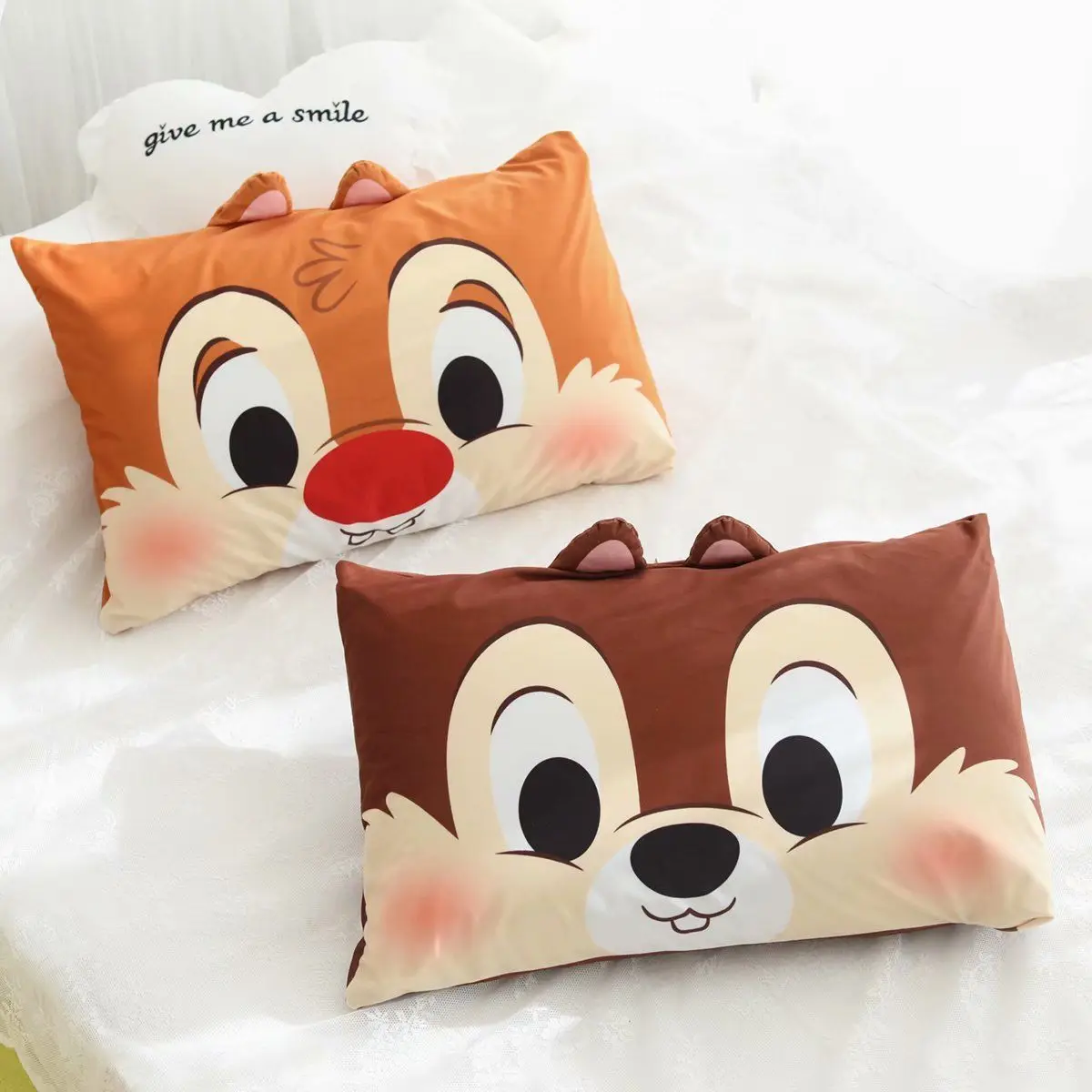 Disney Chip \'n\' Dale Pillowcase Kawaii Chipmunk Detachable Pillowcase Cartoon Soft Plushie Pillow Core Cover Women Pillowcase