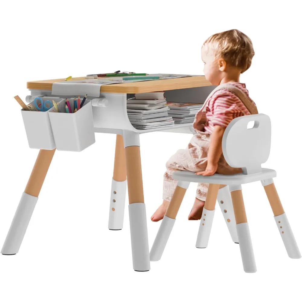 Kids Table and Chair Set, Kids Study Table and Chairs Set, Adjustable Height, Built-in Storage