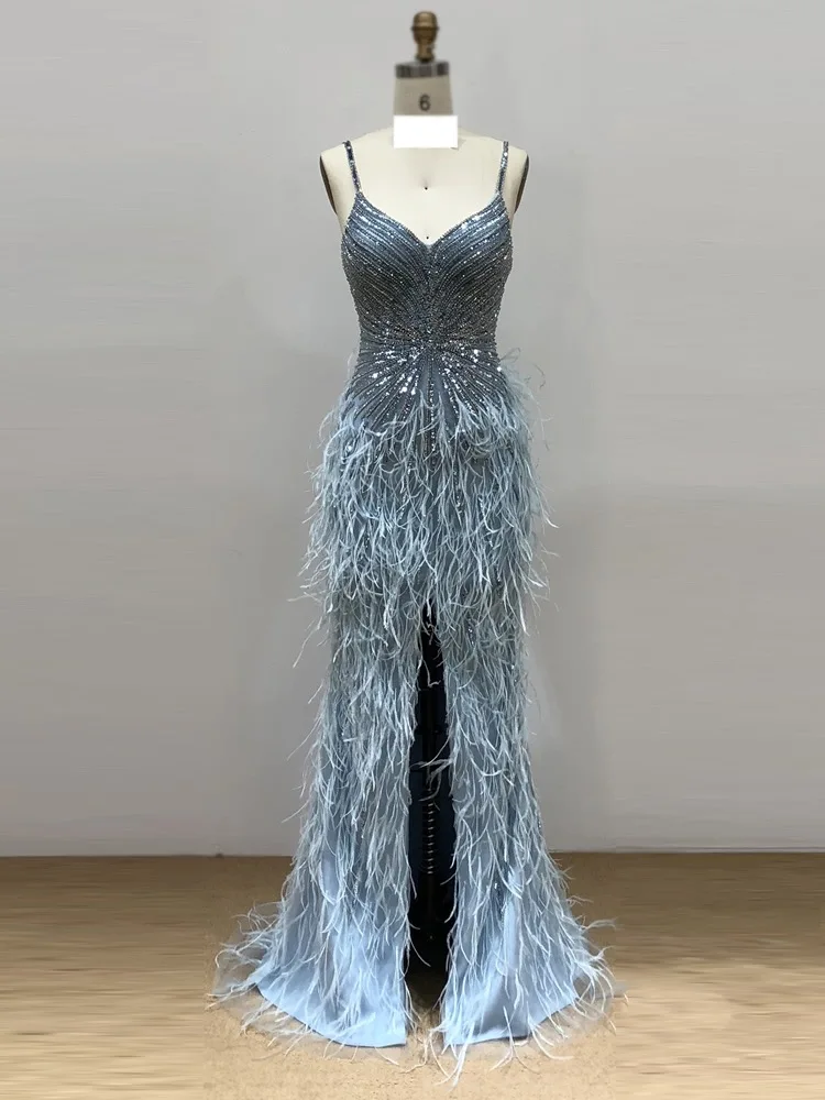 Grey Feathers Spaghetti Strap Sexy Party Dresses Customized Best Price Mermaid Beaded Fashion Evening Gowns With Split