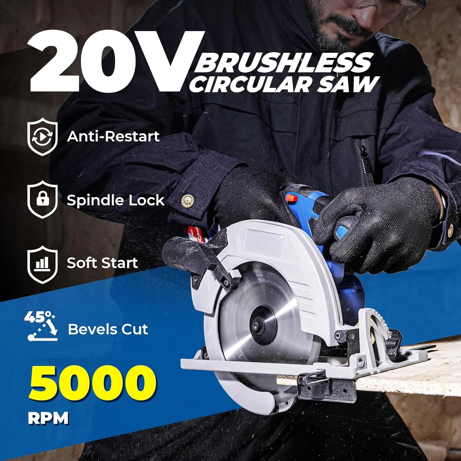 Cordless Circular Saw 7-1/4-Inch 5,000 Rpm, Cutting Depth 65mm, 0-45° Adjustable, with Dust Collection Adaptor,New Popularity