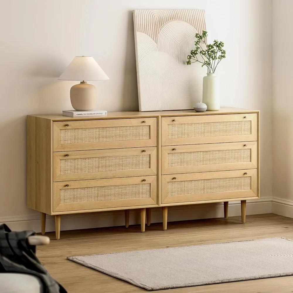 

3 Drawer Dresser for Bedroom Set of 2, Rattan Modern Dresser Wood Chest of Drawers with Metal Handles