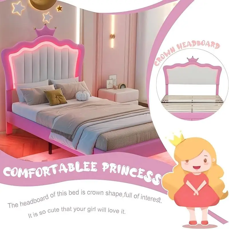 Cama de princesa de tamanho duplo com gavetas de armazenamento para meninas, estrutura de cama de tamanho duplo fofa para crianças, estrutura de cama estofada de solteiro com LE