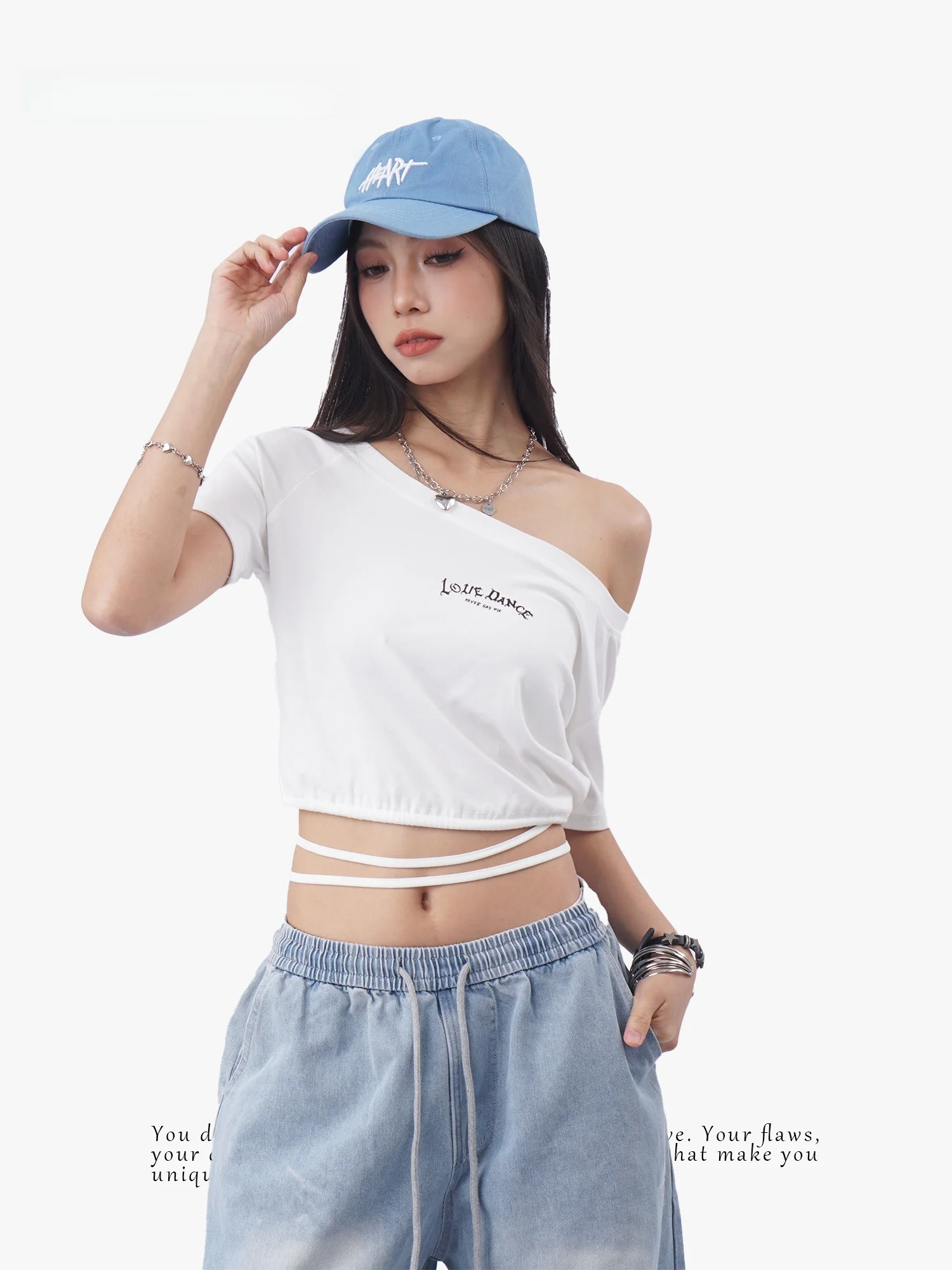 Oldwater Spicy Girl Short Sleeve T-Shirt Shoulder Baring One-Shoulder English Print High Waist Loose Fit Cotton Casual Top