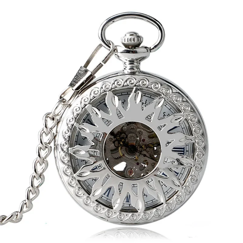 Silver Skeleton Clock Men Women Automatic Mechanical Pocket Watch Hollow Sun Flower Roman Numeral Pendant Chain Relogio de bolso