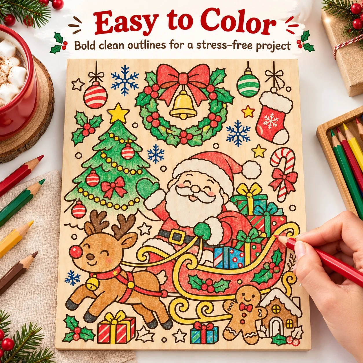 30x45cm Christmas Wooden Coloring Board, Christmas DIY Coloring Craft, Holiday Marker Art Kit, Christmas Wall Decor for Adults