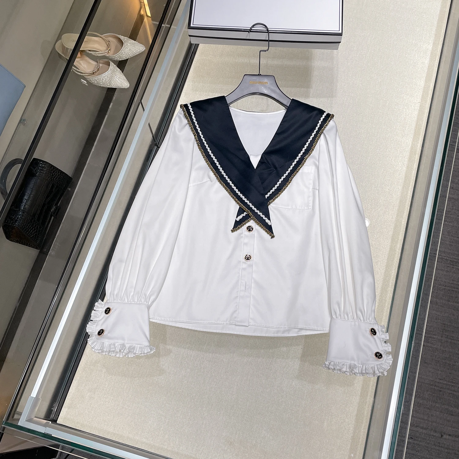 

High-End Women's Long Sve irt Navy Collar Patchwork Anti-Aging Top French Sle Polyester Fiber Skin-Friendly Breathable