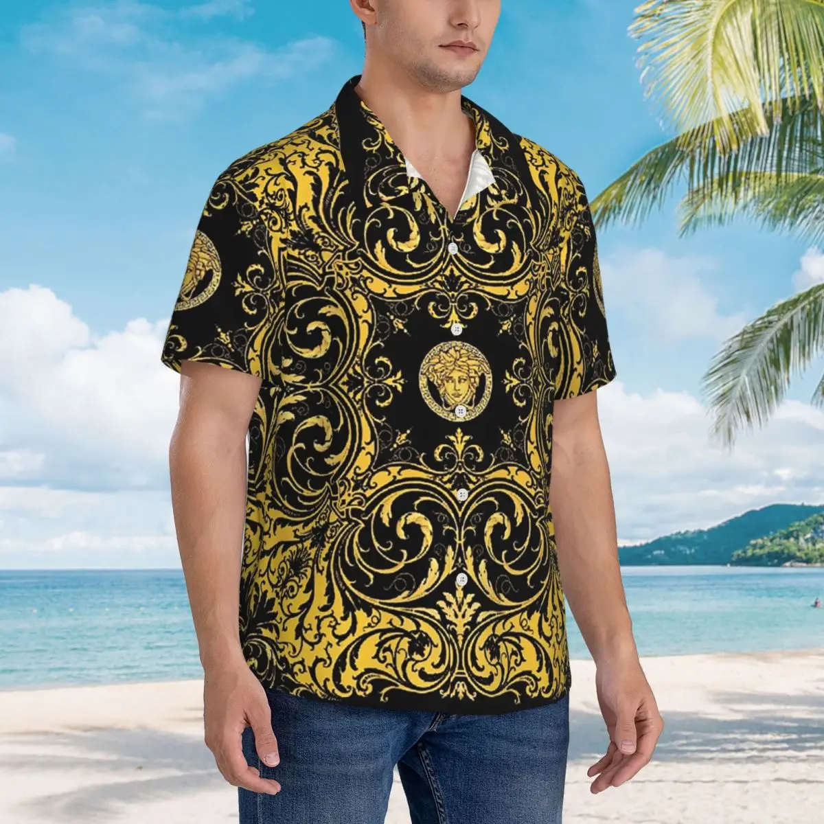 

Decorative Golden Medallion Baroque Hawaiian Shirts Fashion Men Short Sleeve Shirt for Summer Beach Men's Button Tops