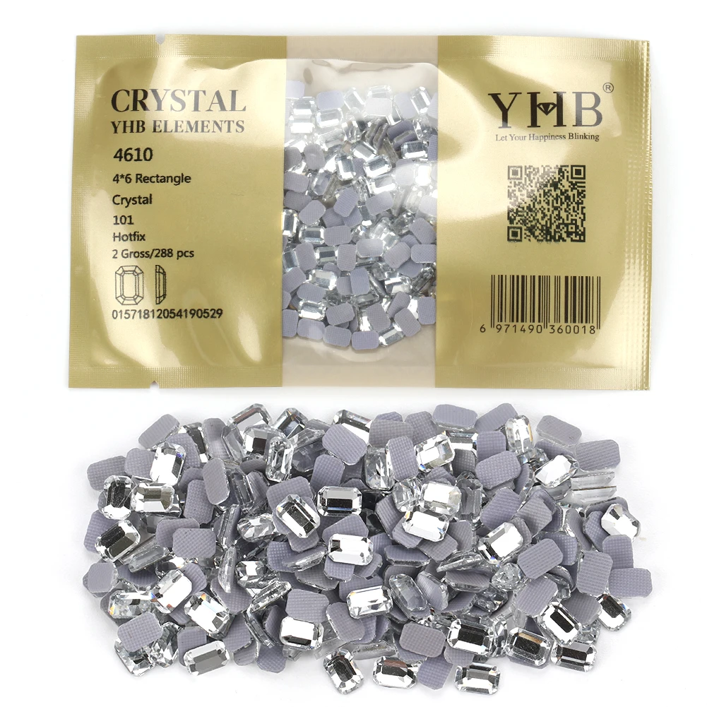 YHB 288Pcs Crystal Glass Flatback Hotfix  Rectangle Shaped Rhinestones For Shoes Bags Phones Fabric Garment Nail Art